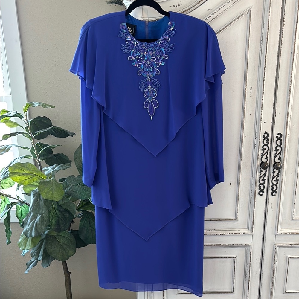 Ursula of Switzerland Vintage Dress Womens Size 16 Beaded Neckline Sheer Sleeves
